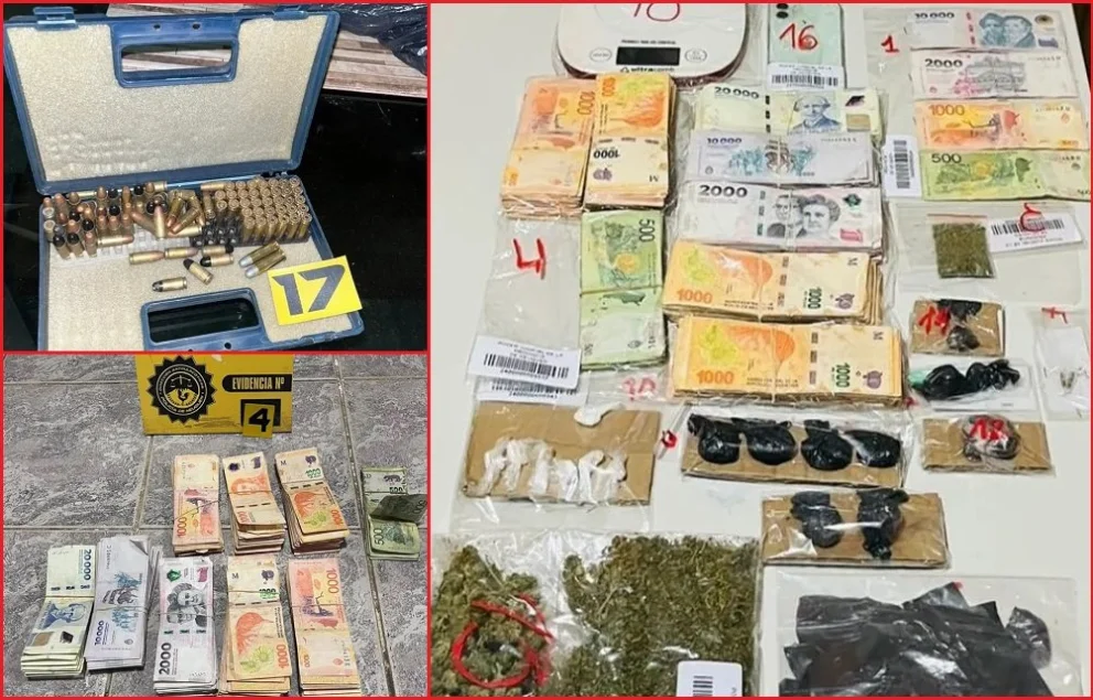 Droga, municiones, dinero en efectivo y otros elementos fueron secuestrados durante el operativo policial antinarcóticos. Foto: Prensa Provincia