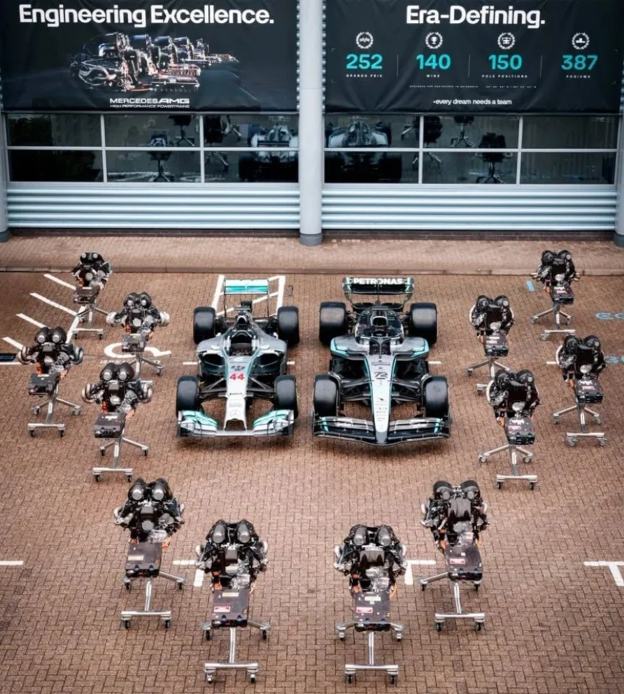 El éxito de Mercedes con los motores híbridos, reflejado en una imagen. Foto: @MercedesAMGF1