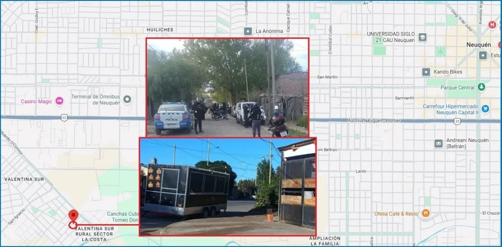 El ataque a balazos, registrado cerca de la medianoche de ayer lunes, se produjo en la esquina donde hay un carro gastronómico. Fotos: Google Maps/gentileza/Policía del Neuquén