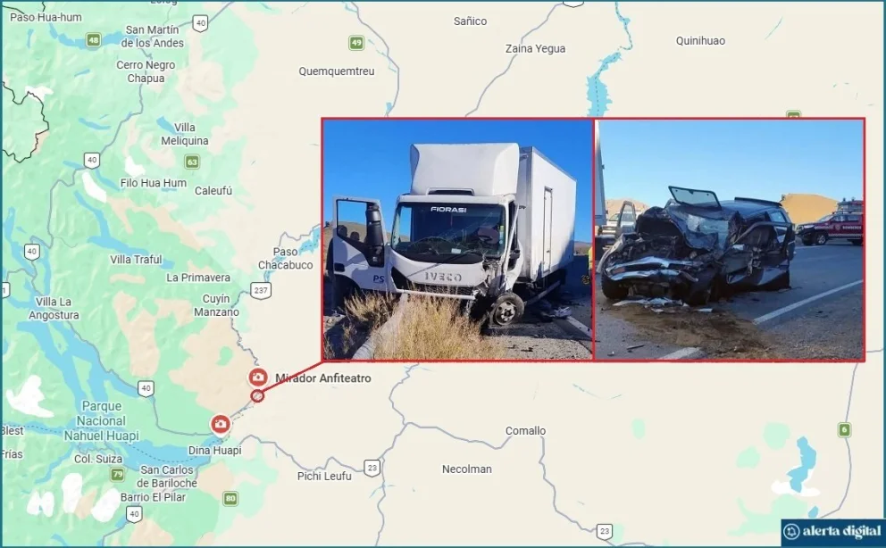 Bomberos Voluntarios de Dina Huapi debieron utilizar herramientas neumáticas para socorrer a ambos conductores heridos. Foto: Google Maps/gentileza