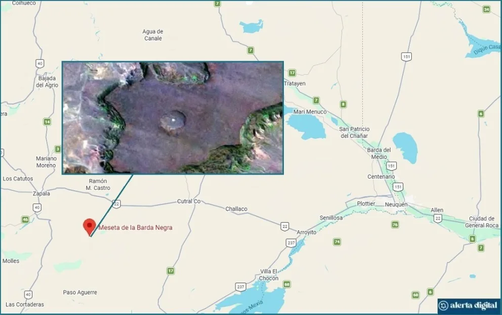 El cráter, que es único en el mundo, está ubicado entre las localidades de Zapala y Paso Aguerre. Foto: Google Maps/archivo