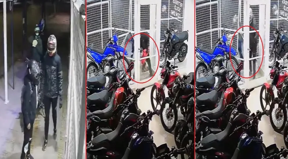 El intento frustrado de sustraer motocicletas de un comercio de Centenario quedó registrado por las cámaras de seguridad. Fotos: captura de video.