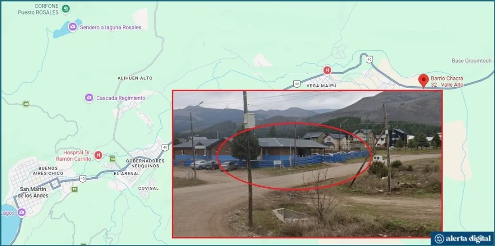 El grave ataque a los efectivos policiales se registró luego del intento de sustraer una moto secuestrada en Tránsito de Chacra 32, en San Martín de los Andes. Foto: Google Maps