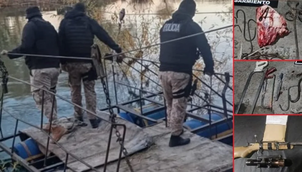 La balsa casera que utilizaban para ingresar animales desde la vecina provincia de Santa Cruz y desde la que tiraron la carne al río. Fotos: Policía del Chubut