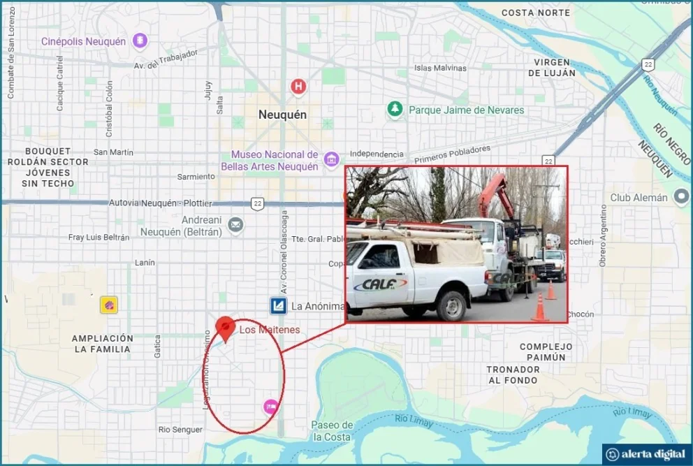 El sector de la ciudad de Neuquén donde se interrumpirá el servicio eléctrico entre las 7 y las 13. Foto: Google Maps/archivo