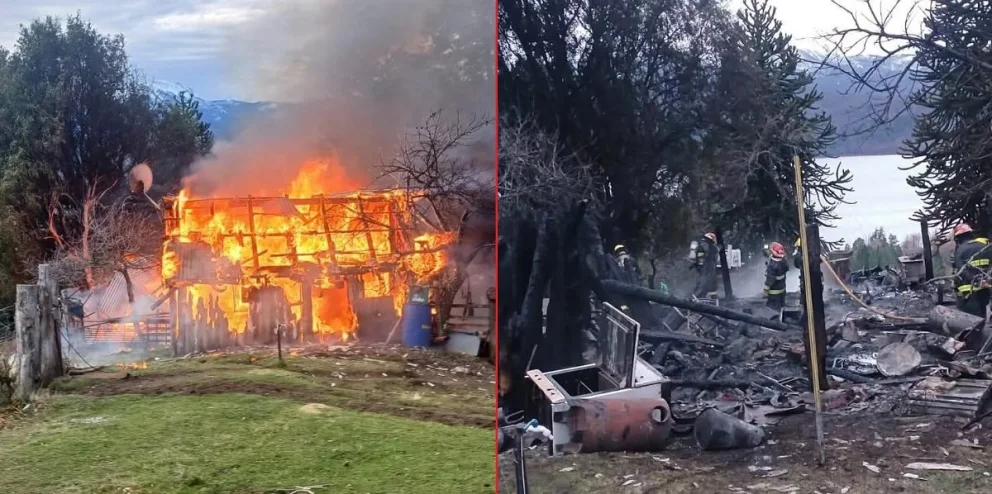 Las llamas generalizadas consumieron por completo las dos construcciones del lugar y se evitó que se propagara al sector boscoso. Fotos: Bomberos Voluntarios de San Martín de los Andes. 