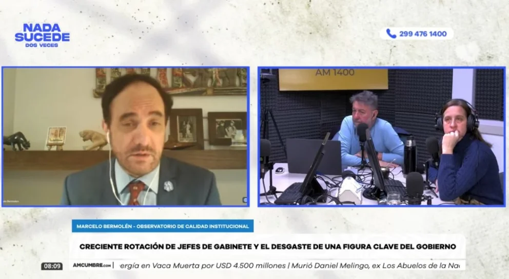 El titular del Observatorio de Calidad Institucional de la Universidad Austral dialogó con los periodistas Mario Nico González y Evangelina Zingoni, en el programa "Nada sucede dos veces". Foto: captura de video Cumbre Stream.