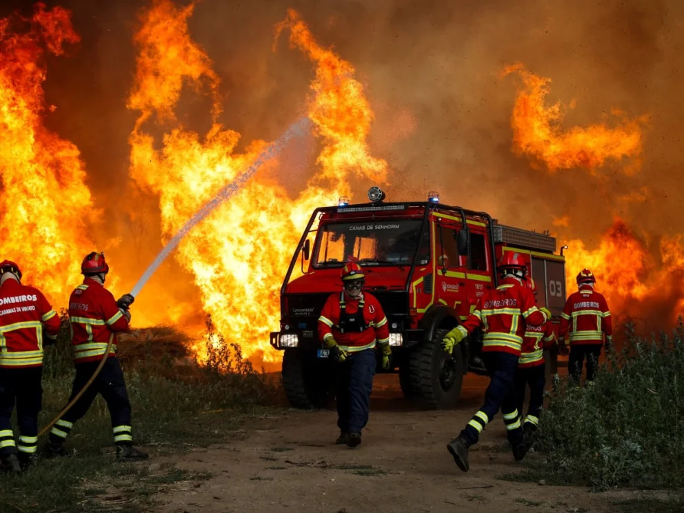 Los bomberos combaten las llamas del incendio forestal en el municipio de Mortagua, Portugal. Foto: gentileza.