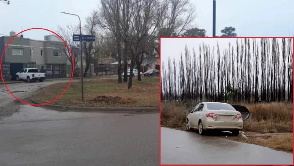 La vivienda donde se produjo la violenta entradera y el vehículo (similar al que utilizó la banda) hallado con un cuerpo, en cercanías de Fernandez Oro. Fotos: gentileza