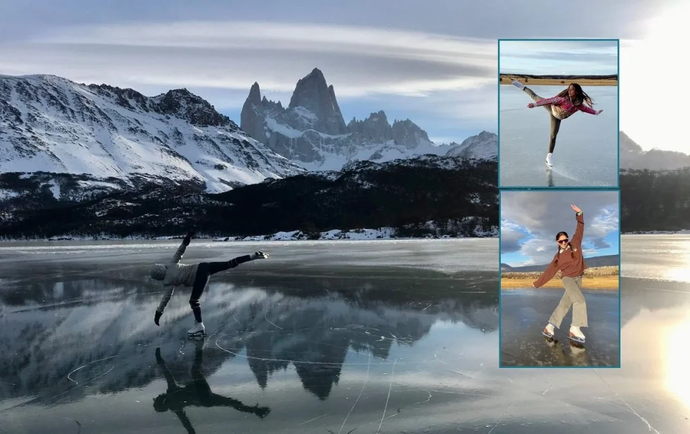 El magestuoso escenario natural de las lagunas congeladas en la Patagonia y la libertad plena de patinar sobre ese hielo. Fotos: gentileza
