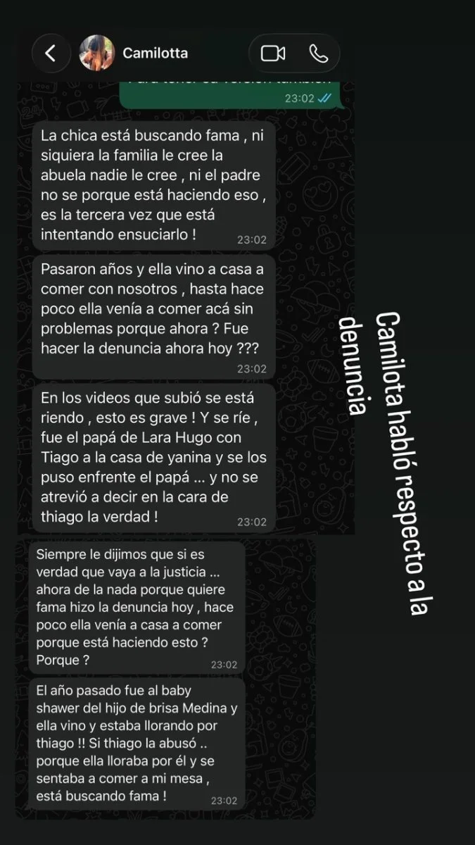 Los mensajes de WhatsApp de la hermana de Thiago, defendiendolo de la denuncia