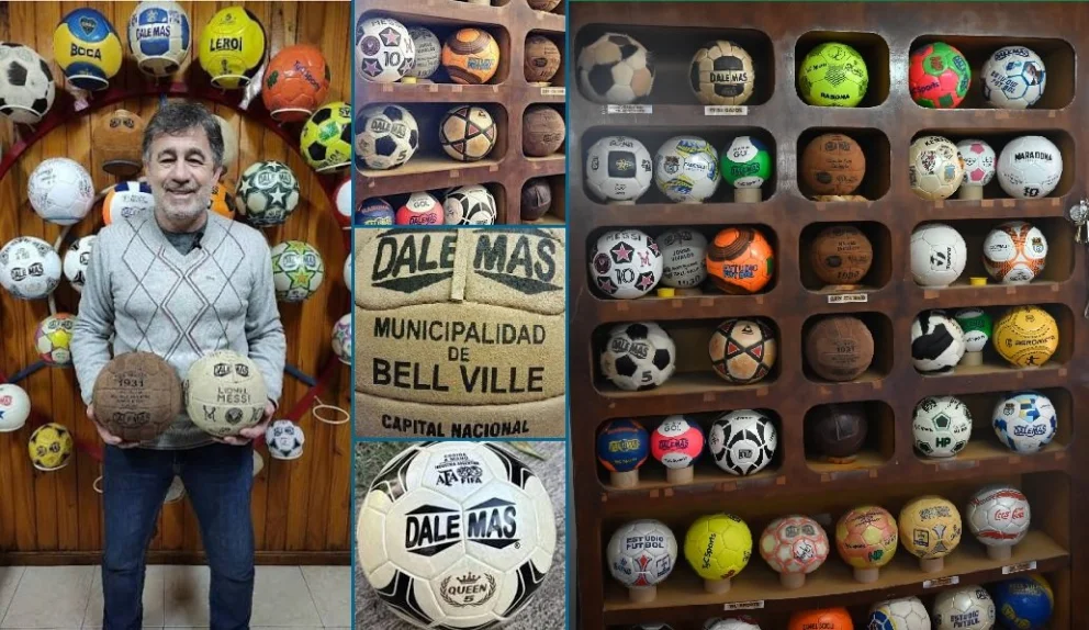 Fernando Fuglini y el orgullo de una familia y una ciudad cordobesa que se consideran la Capital Mundial de las actuales pelotas de fútbol. Fotos: redes