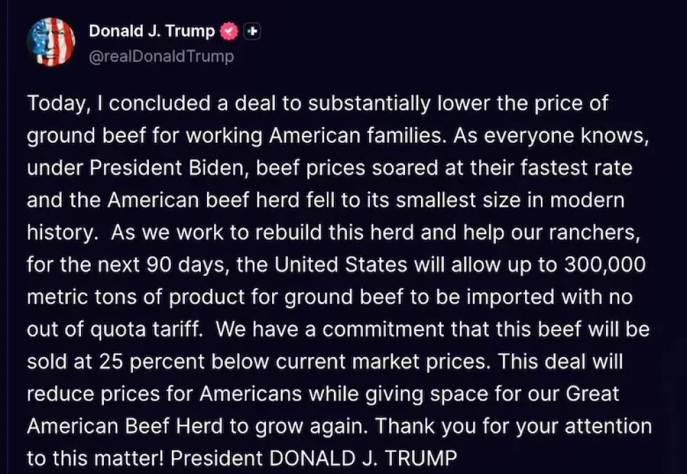 Trump habl&oacute; en Truth sobre la importaci&oacute;n de carne