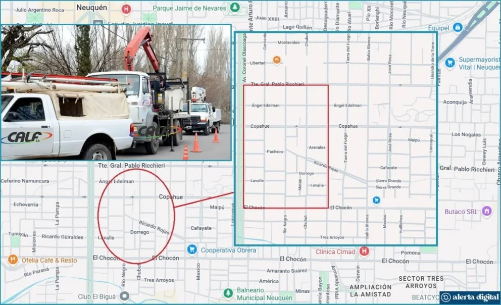 El sector de la zona sur de la ciudad de Neuquén que será afectado por el corte programado de energía este miércoles 26 de agosto. Foto: Google Maps/archivo