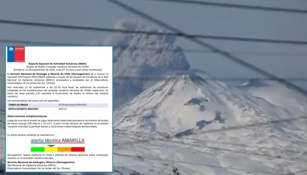 El informe oficial emitido en la mañana de este miércoles 23 de septiembre sobre la actividad registrada en el complejo volcánico Nevados de Chillán. Foto: X/TVN