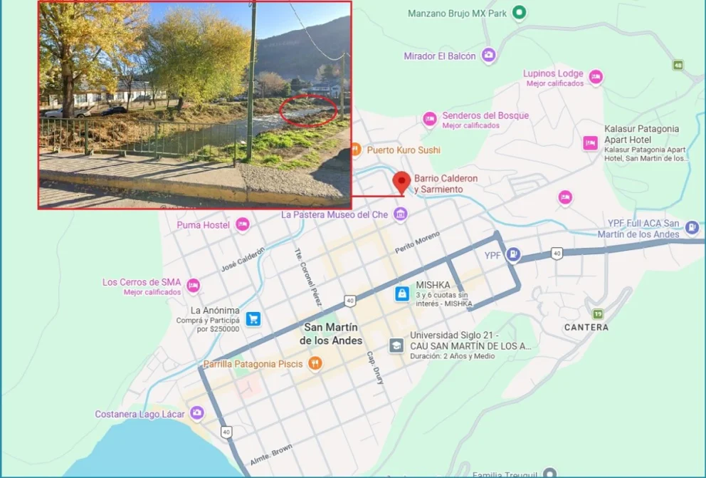 El canal que bordea el barrio Calderón en la ciudad neuquina donde fue hallada la mujer en la madrugada de este viernes. Fotos: Google Maps