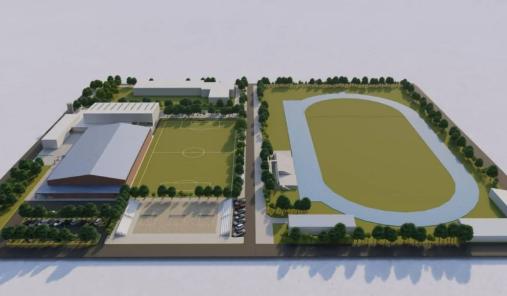 Render del proyecto de la pista de atletismo que presentó el intendente Rodrigo Buteler. 