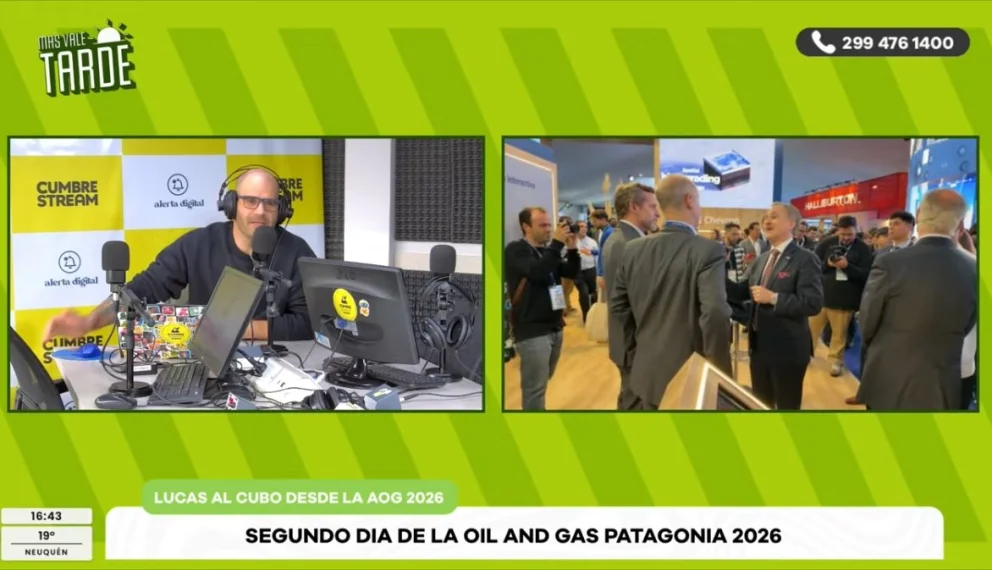 La recorrida del embajador Lamelas por los pabellones de la AOG 2027 fue cubierta en directo por AM Cumbre 1400. Foto: captura de video Cumbre Stream
